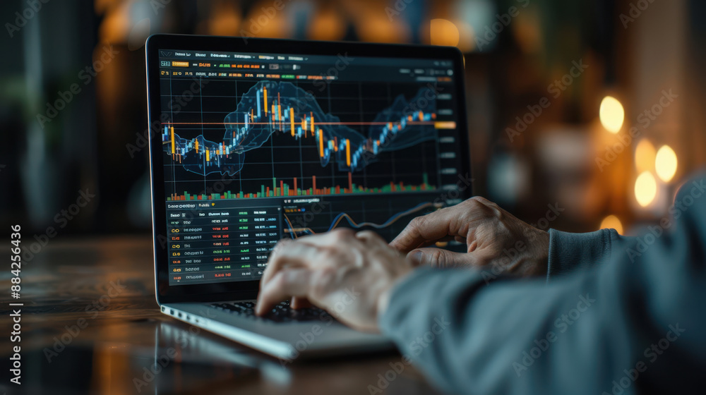 Trader analyzing cryptocurrency stock market data on laptop with candle stick charts in background Trader analyzing cryptocurrency stock market data on laptop with candle stick charts in background