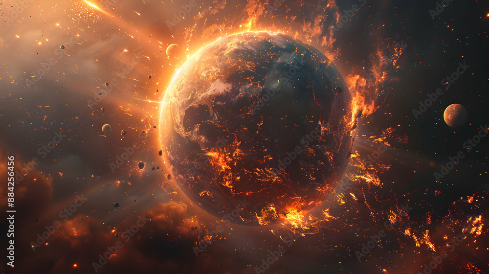 A dystopian solar planet experiencing the effects of a massive coronal mass ejection, with fiery explosions and atmospheric disturbances A dystopian solar planet experiencing the effects of a massive coronal mass ejection, with fiery explosions and atmospheric disturbances