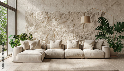 A cozy living room with a comfortable couch and plants arranged by a stone wall