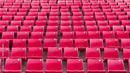 Stadium seat rows, sports background in arena for football or soccer game, public theatre, concert hall amphitheater with empty audience chair for outdoor sporty recreation photo