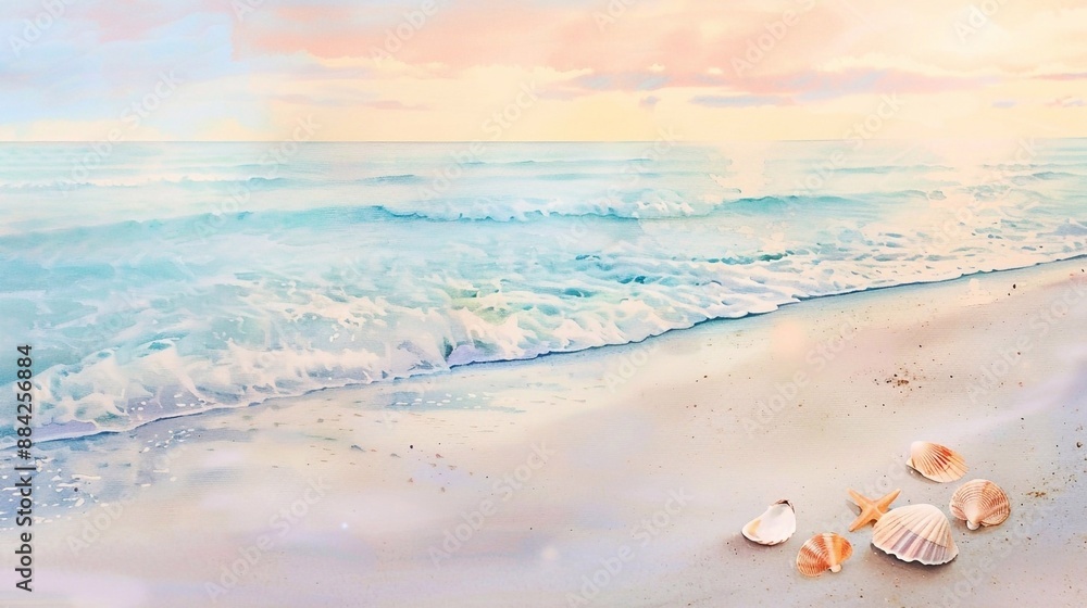 Watercolor painting of a serene beach scene with gentle waves crashing onto the shore. Seashells scattered across the sand reflect the soft, pastel hues of the sunset Watercolor painting of a serene beach scene with gentle waves crashing onto the shore. Seashells scattered across the sand reflect the soft, pastel hues of the sunset