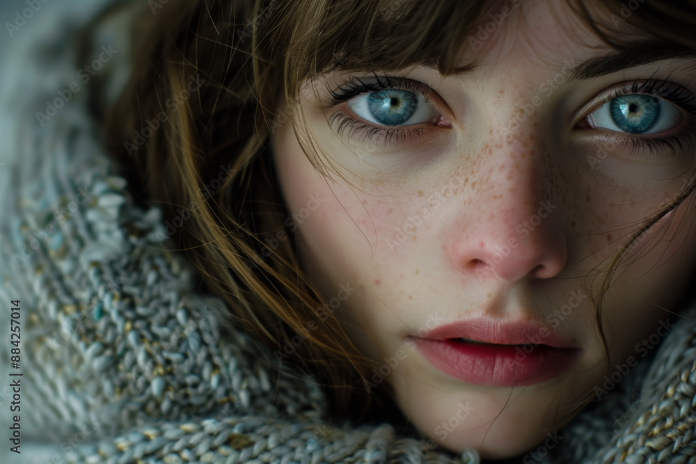 Close-up portrait of a girl with blue eyes in a warm scarf Close-up portrait of a girl with blue eyes in a warm scarf