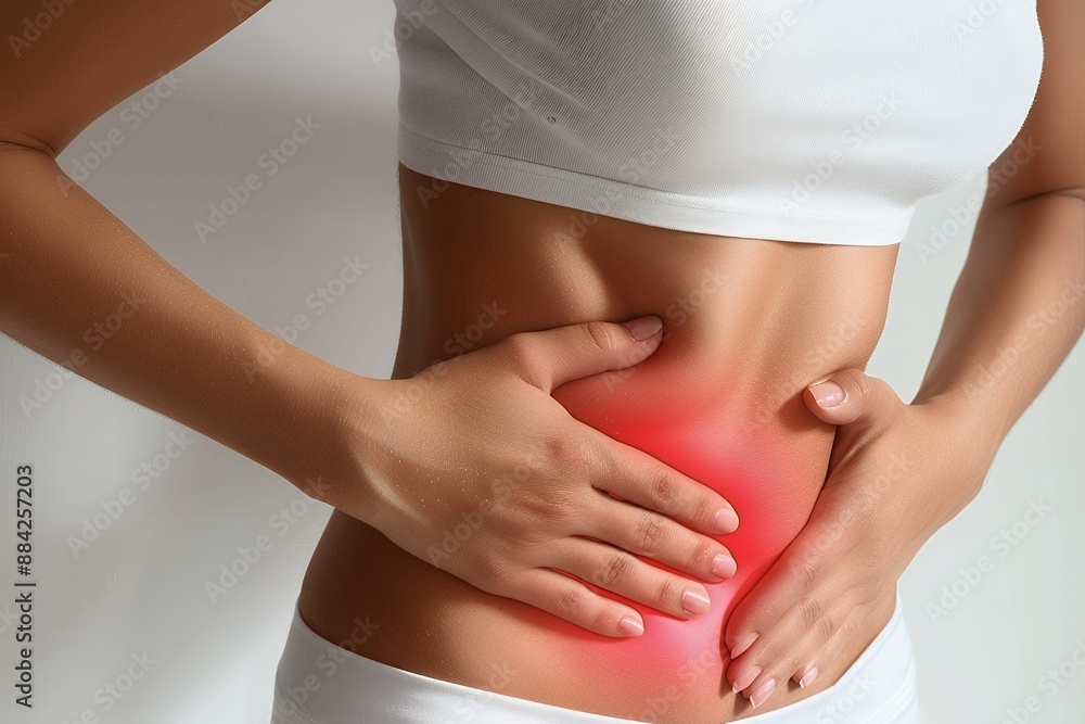 © WhimsyCreative - Woman with Abdominal Pain Holding Stomach in Red Highlighted Area