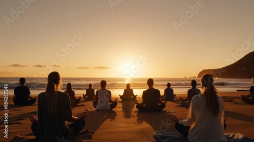 Fototapeta Naklejka Na Ścianę i Meble -  Group of people meditating on the beach at sunset.