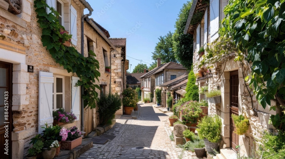 A quaint village in the French countryside, with cobblestone streets and charming stone cottages, under a clear blue sky A quaint village in the French countryside, with cobblestone streets and charming stone cottages, under a clear blue sky