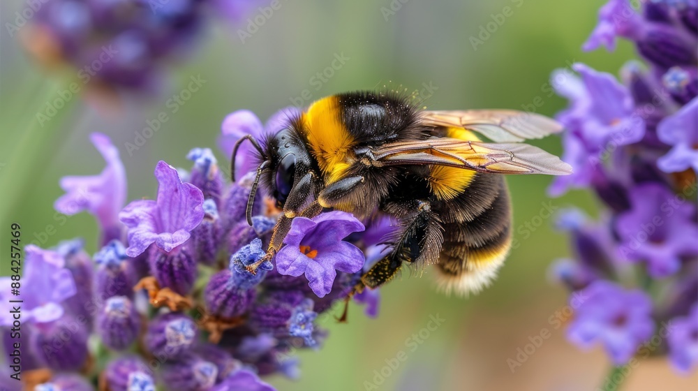 A closeup of a bumblebee pollinating a lavender flower, highlighting natures biodiversity A closeup of a bumblebee pollinating a lavender flower, highlighting natures biodiversity
