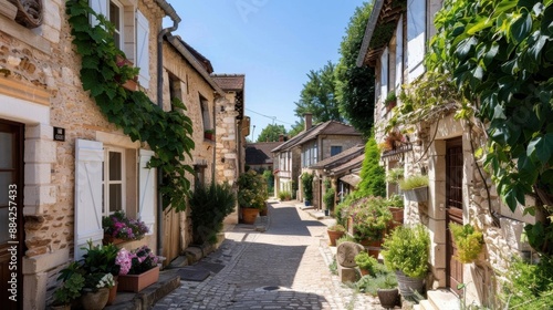 Fototapeta Naklejka Na Ścianę i Meble -  A quaint village in the French countryside, with cobblestone streets and charming stone cottages, under a clear blue sky