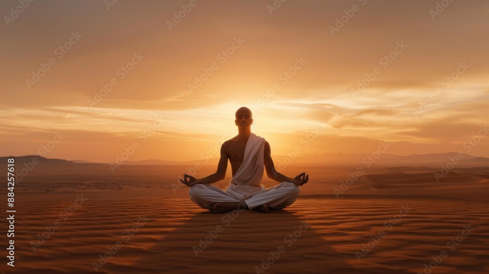 Man meditating in lotus pose during sunset in desert. Man meditating in lotus pose during sunset in desert.