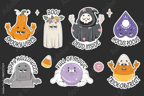 Set of halloween stickers in trendy groovy style. Pumpkin, ghost, death, magic crystal ball, ouija planchette, candy corn, tombstone. Cute retro cartoon characters.