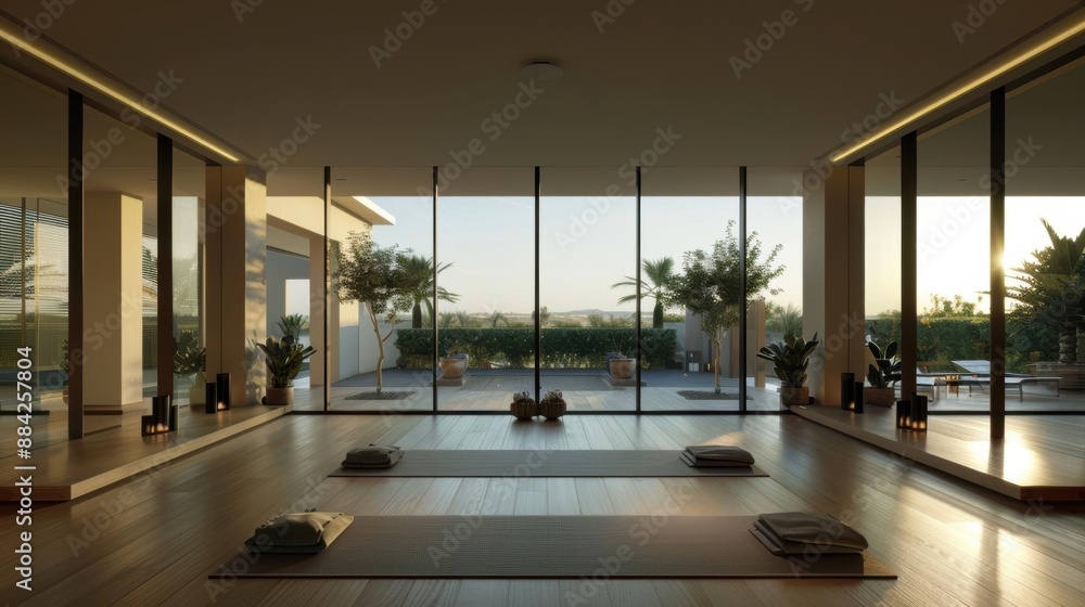Spacious and bright yoga studio with large windows overlooking a serene outdoor space. Spacious and bright yoga studio with large windows overlooking a serene outdoor space.
