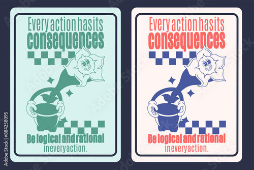Retro cartoon vector illustration: Flower mascot breaking free from pot, unaware of consequences. Perfect for self-awareness reminder poster emphasizing importance of calculating actions and outcomes.