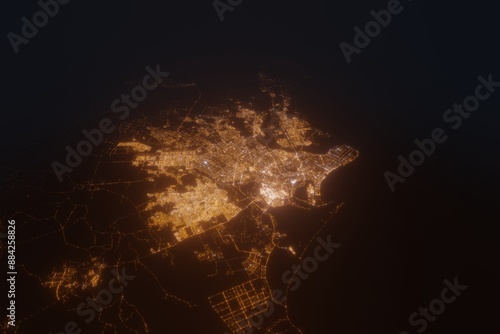 Aerial view on Karachi (Pakistan) from west. Top view on modern city at night from space photo