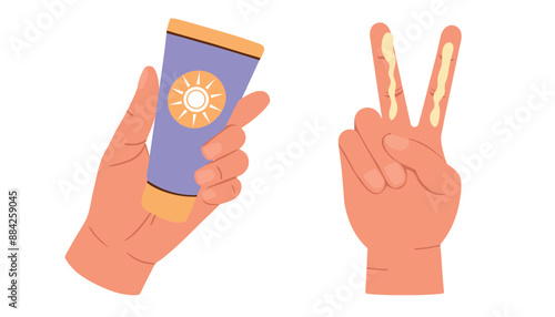 Illustration of instructions on how to apply sunscreen on the face. Hand with SPF cream on two fingers in a flat style.