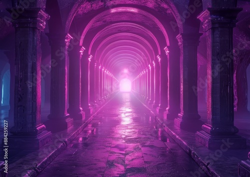 A vivid tunnel of arches illuminated by striking purple lights, creating a surreal and atmospheric ambiance.