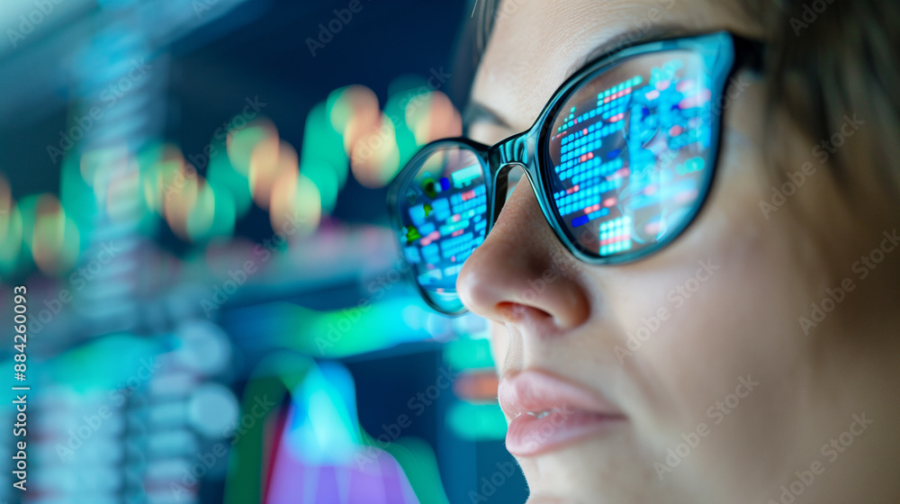 Female expert in glasses looking at screen with financial data Female expert in glasses looking at screen with financial data