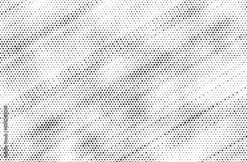 Triangular halftone texture retro wave vector. Geometric technology abstract diagonal dotted background. Half tone triangles retro comic pattern. Minimal 80s style dynamic tech structure wallpaper.