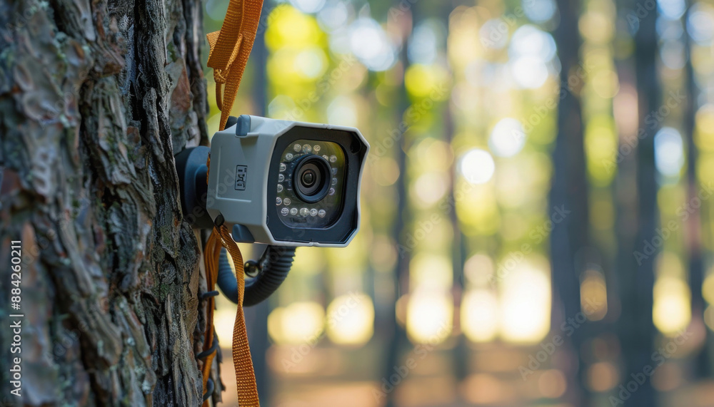 A security camera is attached to a tree in the woods, capturing the landscape and surroundings A security camera is attached to a tree in the woods, capturing the landscape and surroundings