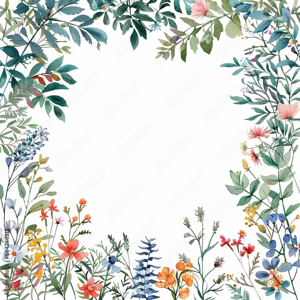 Floral frame arrangem with wild flowers, foliage and leaves. Watercolor illustration. Isolated on white background. Perfect for greeting card designs, scrapbooking, and more.
