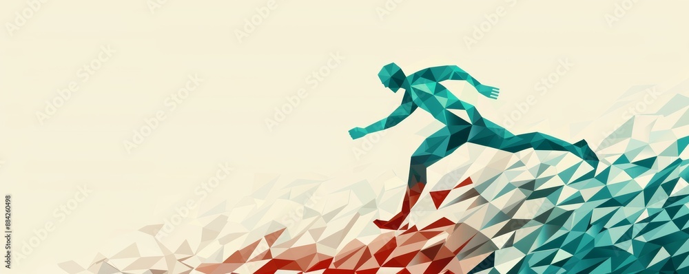 Abstract silhouette of a runner leaping over a jagged, colorful terrain. Abstract silhouette of a runner leaping over a jagged, colorful terrain.
