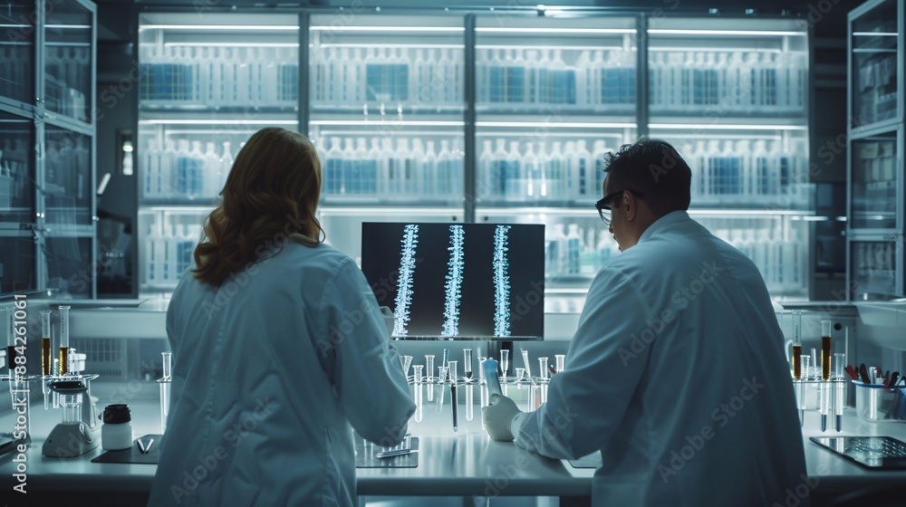 Obraz premium Scientists in a modern laboratory analyzing DNA sequences on a large screen, surrounded by advanced biotech equipment and test tubes