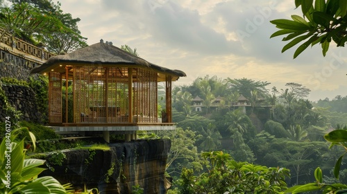 This image captures a tranquil wooden gazebo perched on a cliff, offering stunning views of a vibrant jungle setting.