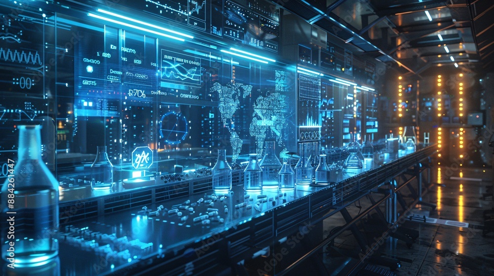 A digital rendering of a laboratory scene with transparent screens displaying genetic codes and molecular diagrams, set against a sleek, modern background A digital rendering of a laboratory scene with transparent screens displaying genetic codes and molecular diagrams, set against a sleek, modern background