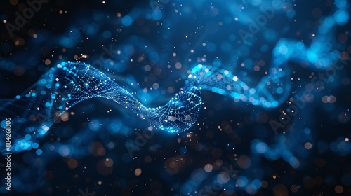 A high-resolution background of a biotechnological network, with strands of DNA, molecular structures, and flowing light effects in a deep blue hue