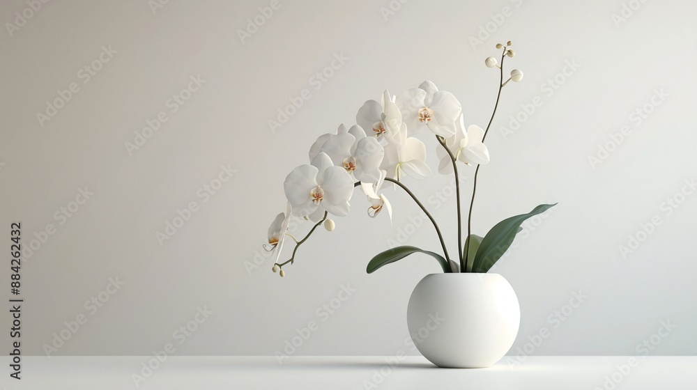 A single elegant orchid stem in full bloom, placed in a minimalist white vase, against a pure white background A single elegant orchid stem in full bloom, placed in a minimalist white vase, against a pure white background