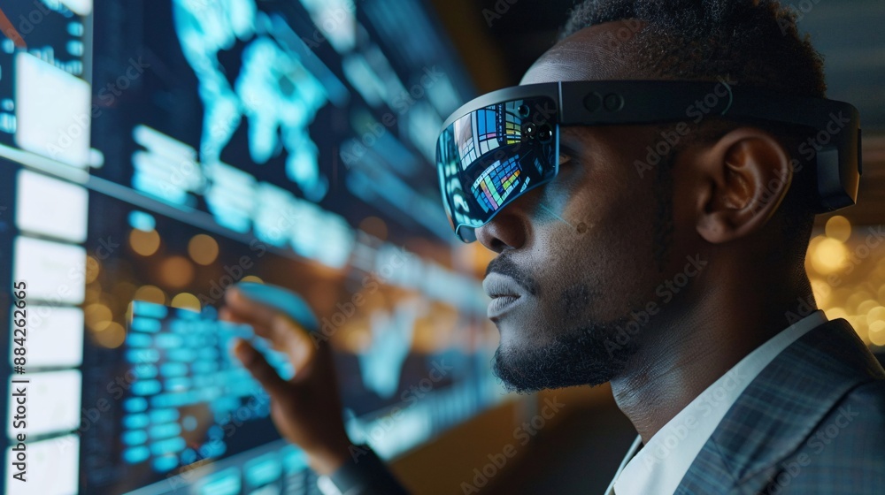 An office worker using AR applications with smart glasses, displaying virtual notes and diagrams over their real-world workspace An office worker using AR applications with smart glasses, displaying virtual notes and diagrams over their real-world workspace