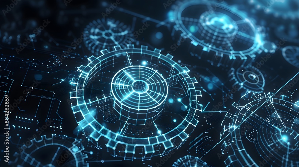 illustration of gear wheel, hexagons, and circuit board. Perfect for showcasing digital telecoms technology and hi-tech engineering illustration of gear wheel, hexagons, and circuit board. Perfect for showcasing digital telecoms technology and hi-tech engineering