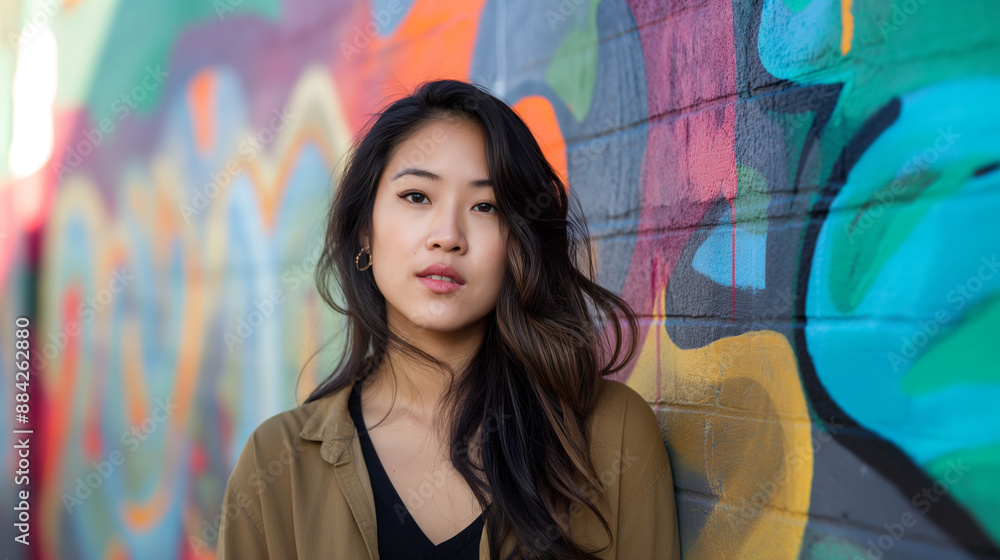Fototapeta premium Portrait of an attractive and beautiful Asian lady, woman, or girl, posing in front of a colorful graffiti wall outside on the street building in the city. Black hair, casual outfit, black t-shirt.