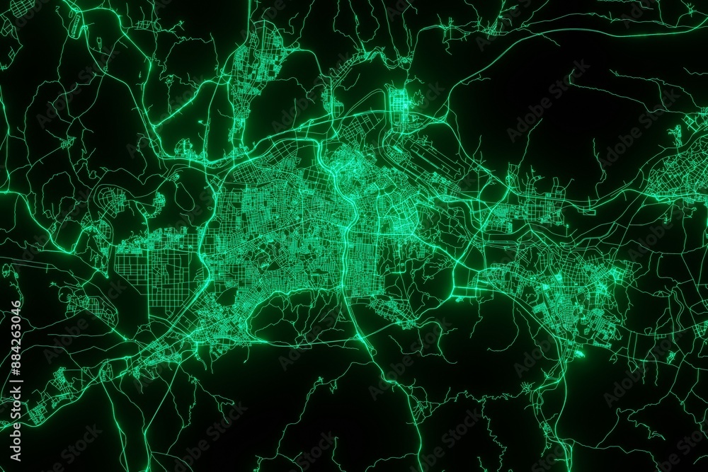 Map of the streets of Daegu (South Korea) made with green illumination and glow effect. Top view on roads network. 3d render, illustration