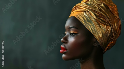 A woman with smooth dark skin gazes thoughtfully to the side against a dark background, adorned in vibrant red lipstick, golden eyeshadow, and a gold head wrap.