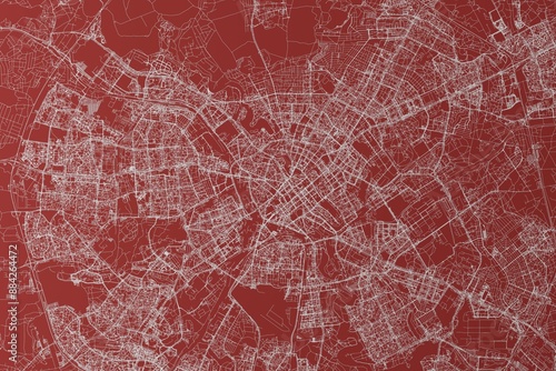 Map of the streets of Minsk (Belarus) made with white lines on red background. Top view. 3d render, illustration photo