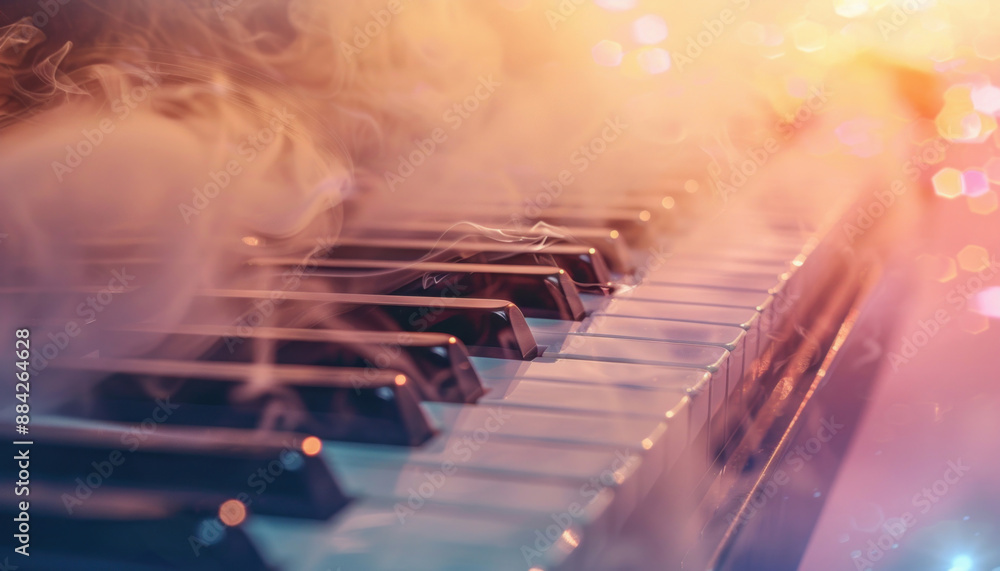 Closeup photo of a piano keyboard with swirling smoke, creating a musical and atmospheric scene Closeup photo of a piano keyboard with swirling smoke, creating a musical and atmospheric scene