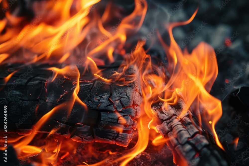 Close-up of blazing fire consuming wood, highlighting the vivid orange and red flames Close-up of blazing fire consuming wood, highlighting the vivid orange and red flames