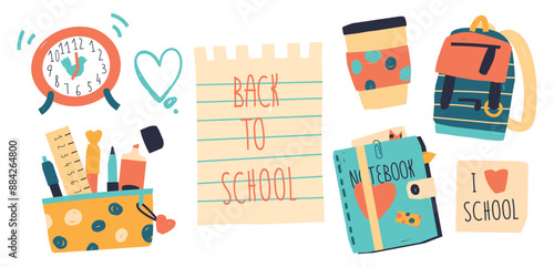Accessories for study. set of school supplies. Back to school lettering. Children's subjects. Vector illustration in a flat style. hand drawn back to school drawing illustration clip art collection