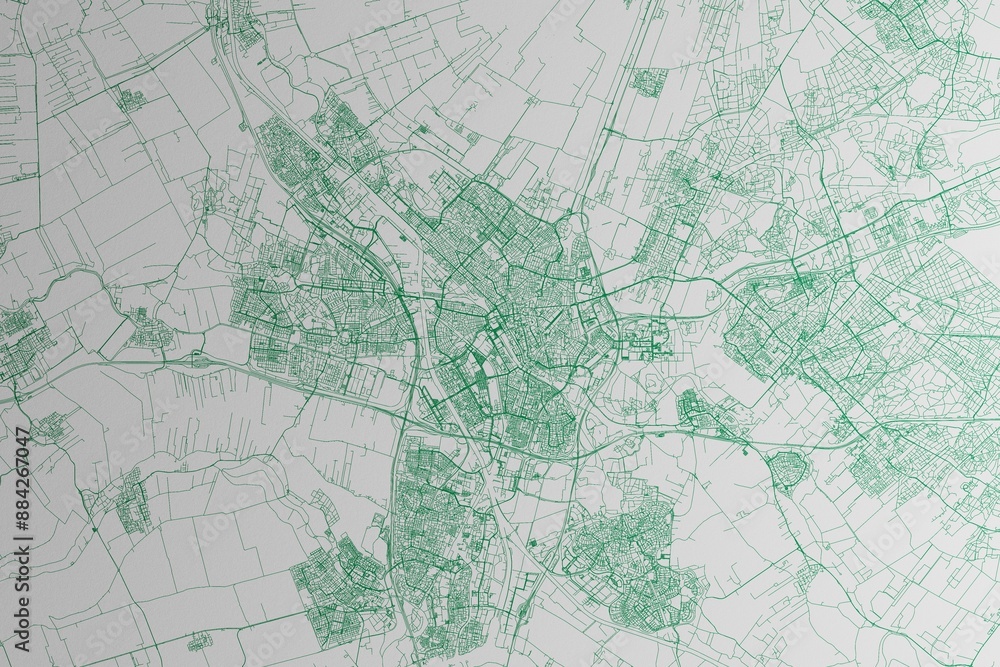 Obraz premium Map of the streets of Utrecht (Netherlands) made with green lines on white paper. 3d render, illustration