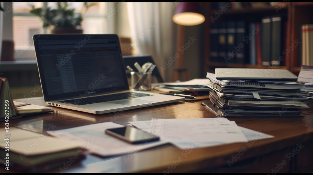 Laptop, Phone, and Papers on Wooden Desk Laptop, Phone, and Papers on Wooden Desk