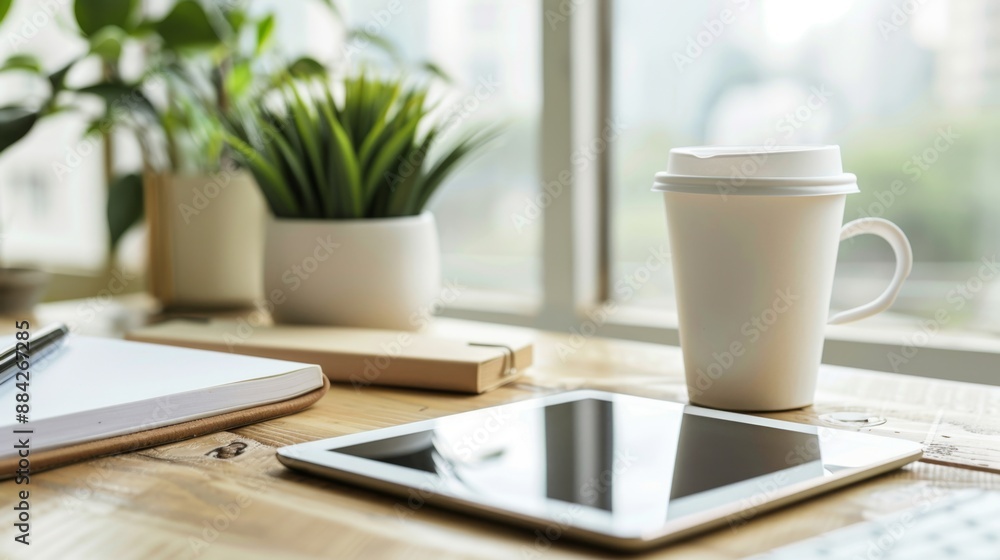 Minimalist Workspace with Tablet, Coffee Cup, and Plants. Minimalist Workspace with Tablet, Coffee Cup, and Plants.