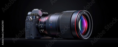 A camera with a black Samyang lens on a black background
