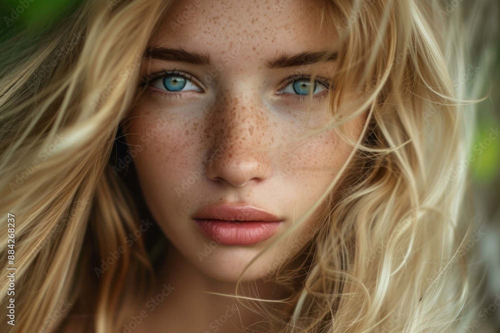 Detailed image capturing the intense gaze of a young woman with striking blue eyes and natural freckles Detailed image capturing the intense gaze of a young woman with striking blue eyes and natural freckles