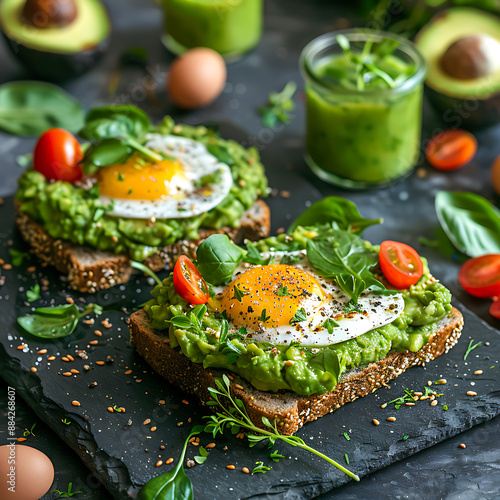 Delicious avocado toast with poached egg, cherry tomato, and fresh spinach on rustic slate. Healthy breakfast or brunch dish concept.