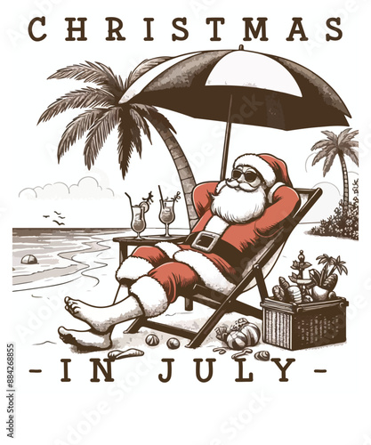 Christmas In July funny santa relaxing Summer Beach  T-Shirt, naughty, july beach summer t-shirt, summer christmas shirt,  summer beach party cruise birthday, Santa summer shirt,  xmas christmas, cool