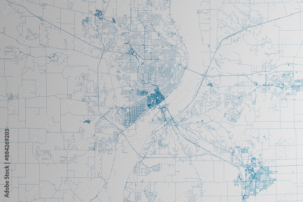 Map of the streets of Peoria (Illinois, USA) made with blue lines on white paper. 3d render, illustration Map of the streets of Peoria (Illinois, USA) made with blue lines on white paper. 3d render, illustration