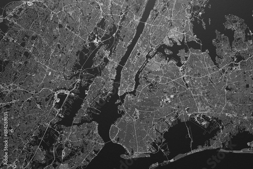 Photography Street map of New York City (New York, USA) on black paper with light coming fro