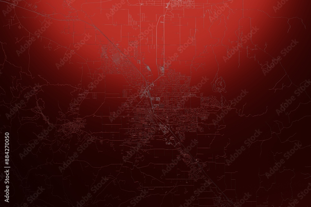 Street map of Medford (Oregon, USA) engraved on red metal background. Light is coming from top. 3d render, illustration Street map of Medford (Oregon, USA) engraved on red metal background. Light is coming from top. 3d render, illustration