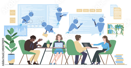 Program code development with help of AI, artificial intelligence tools for coding. Tiny programmers work on laptops, develop software or mobile app code, robots assist cartoon vector illustration