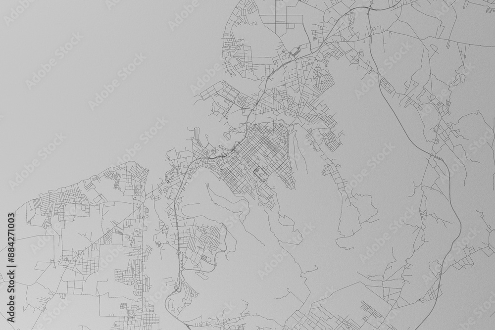 Obraz premium Map of the streets of Port Louis (Mauritius) made with black lines on grey paper. Top view. 3d render, illustration