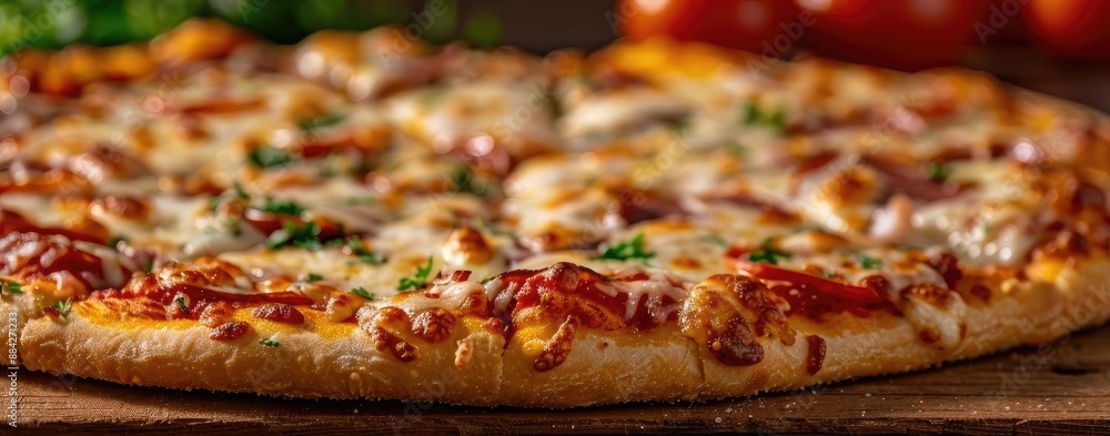 Close-up of a mouth-watering cheese pizza with fresh herbs and toppings, sitting on a wooden board, ready to be enjoyed. Close-up of a mouth-watering cheese pizza with fresh herbs and toppings, sitting on a wooden board, ready to be enjoyed.